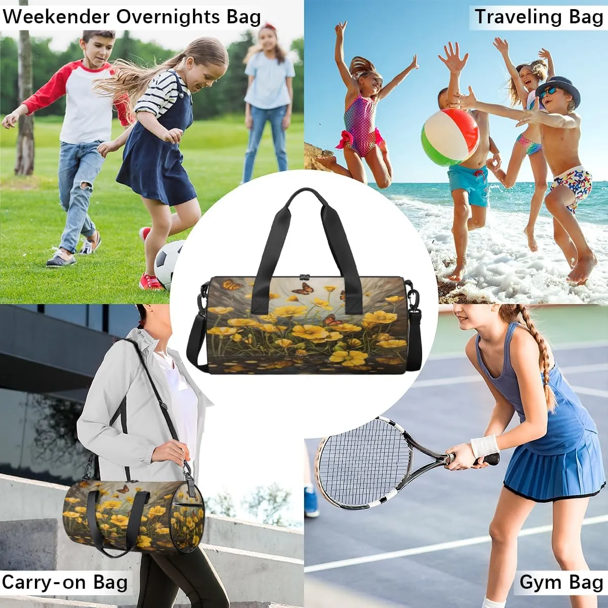 Butterfly Meadow Glow Sports Duffel Bag with Shoulder Strap, Large Capacity Gym Bag with Shoe Compartment, Water Resistant Travel Duffle Bag for Men Women Travel, Sports (17.6x9x9 Inch)