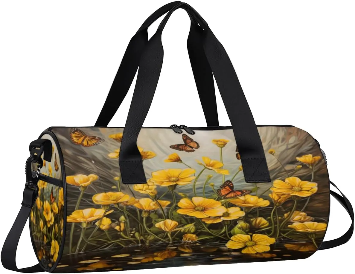 Butterfly Meadow Glow Sports Duffel Bag with Shoulder Strap, Large Capacity Gym Bag with Shoe Compartment, Water Resistant Travel Duffle Bag for Men Women Travel, Sports (17.6x9x9 Inch)