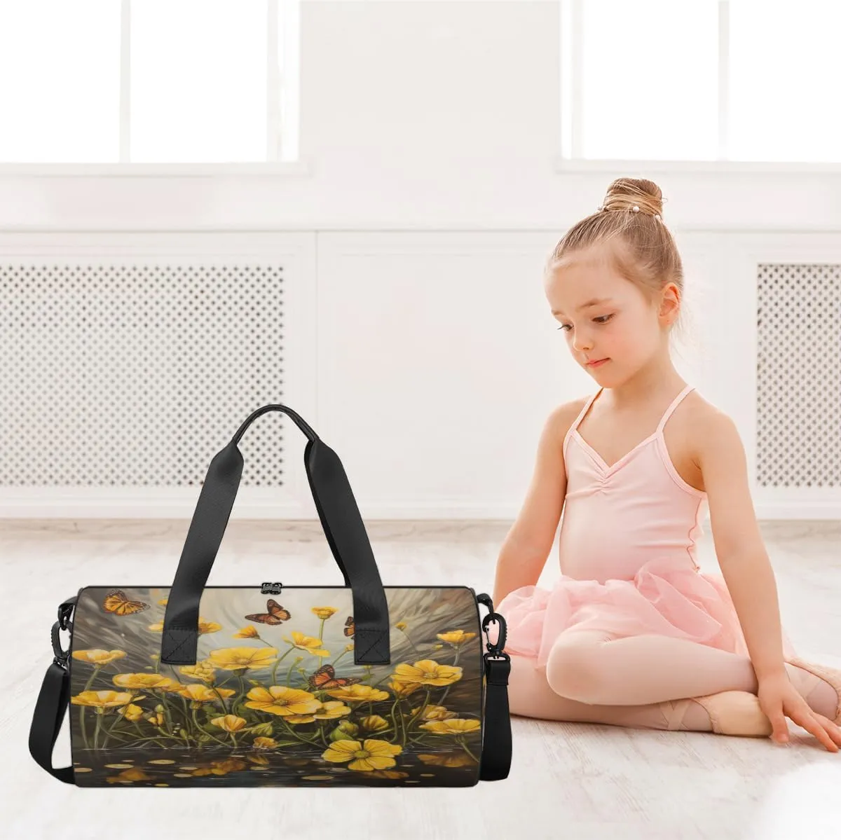 Butterfly Meadow Glow Sports Duffel Bag with Shoulder Strap, Large Capacity Gym Bag with Shoe Compartment, Water Resistant Travel Duffle Bag for Men Women Travel, Sports (17.6x9x9 Inch)