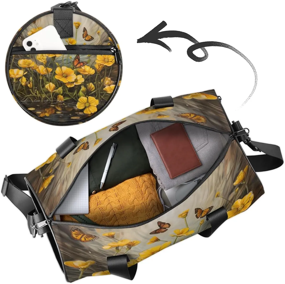 Butterfly Meadow Glow Sports Duffel Bag with Shoulder Strap, Large Capacity Gym Bag with Shoe Compartment, Water Resistant Travel Duffle Bag for Men Women Travel, Sports (17.6x9x9 Inch)