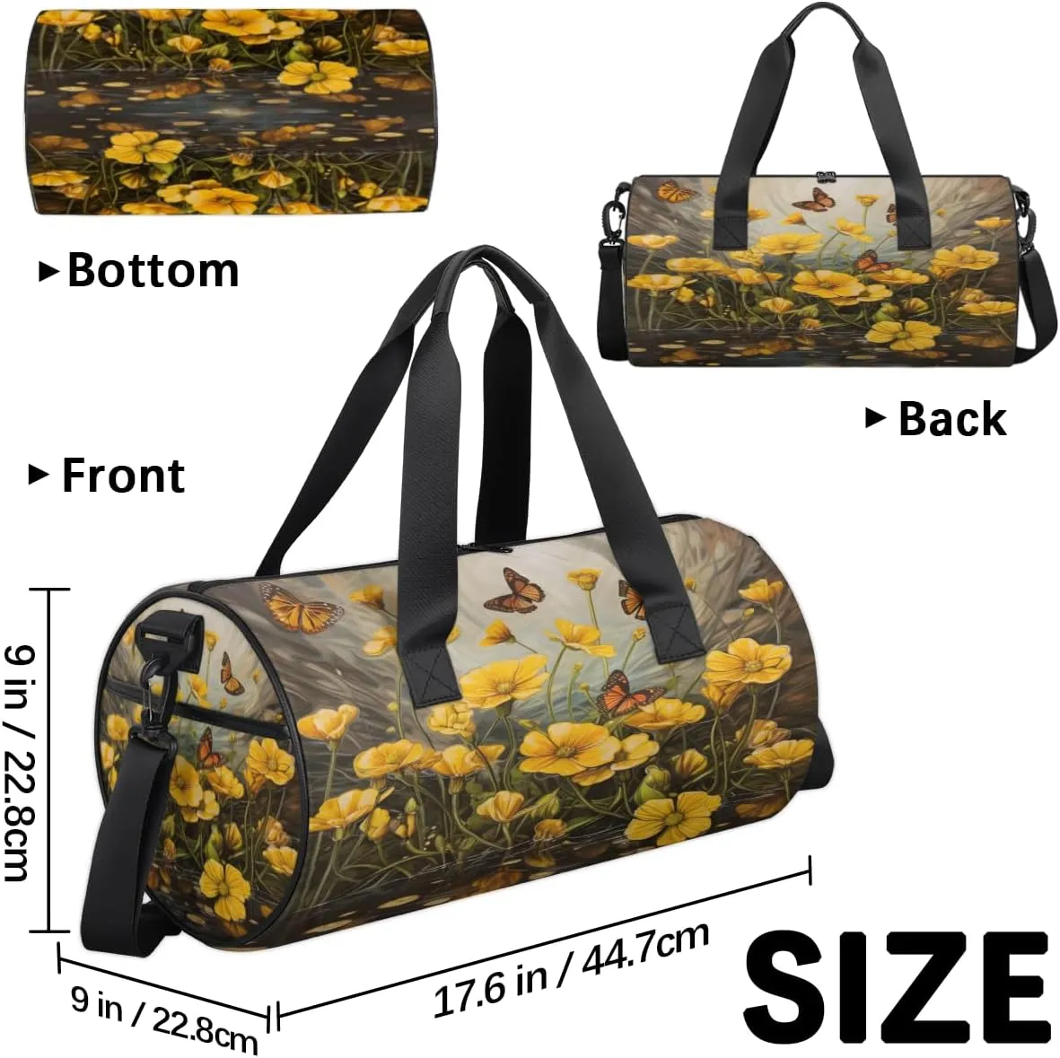 Butterfly Meadow Glow Sports Duffel Bag with Shoulder Strap, Large Capacity Gym Bag with Shoe Compartment, Water Resistant Travel Duffle Bag for Men Women Travel, Sports (17.6x9x9 Inch)