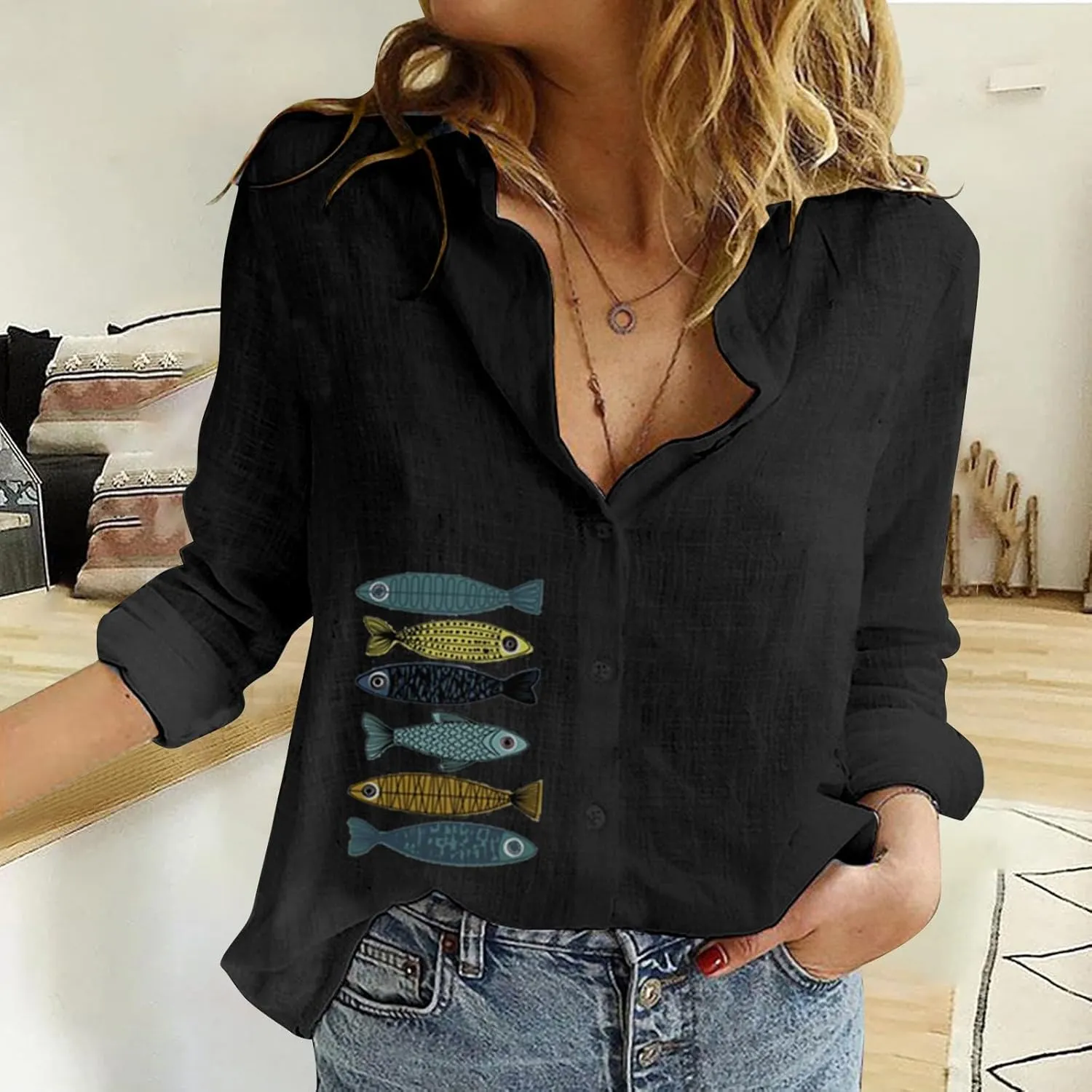 Button Down Shirts for Women Collar Button Cotton Long Sleeved Shirt Blouse Womens Button Down Blouse Button Up