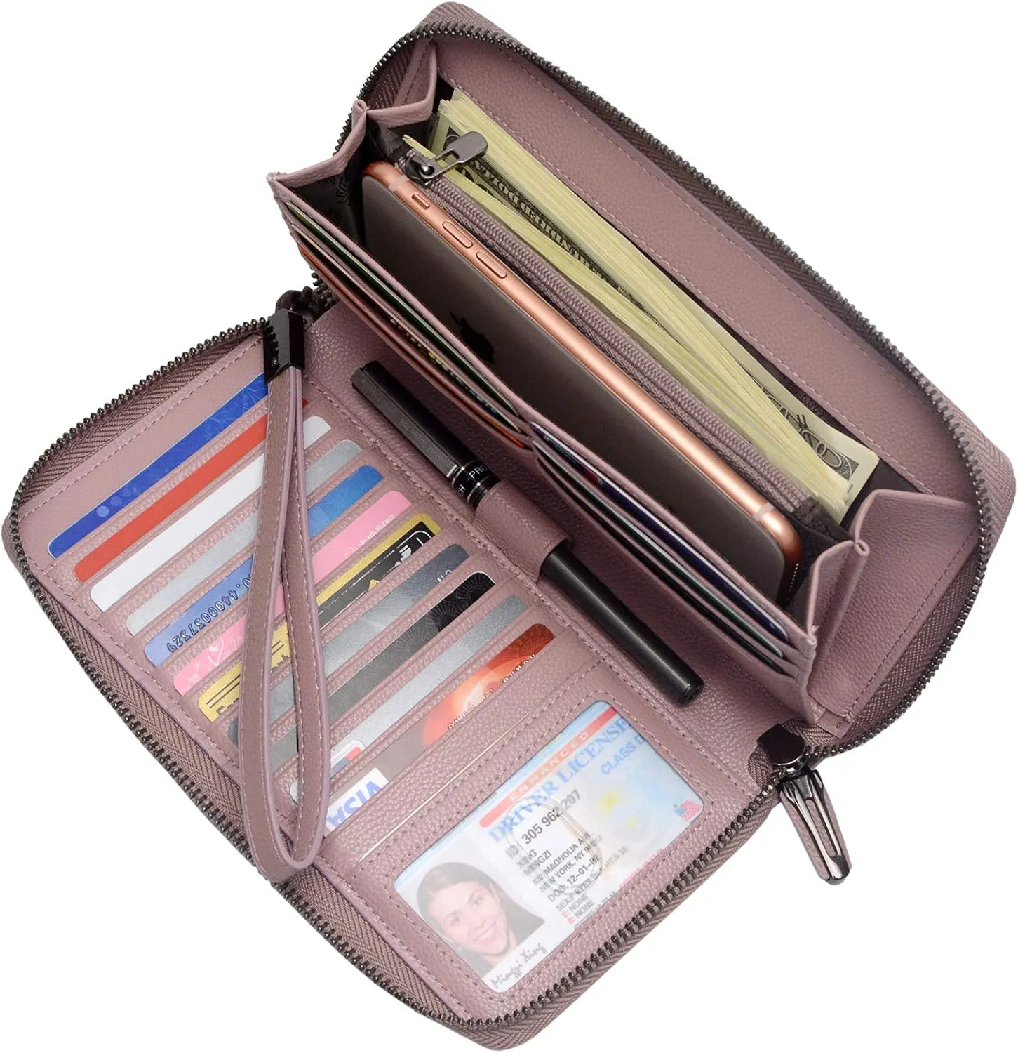 Bveyzi Women RFID Blocking Wallet Leather Zip Around Phone Clutch Large Capacity Ladies Travel Purse Wristlet