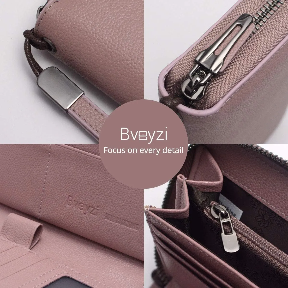 Bveyzi Women RFID Blocking Wallet Leather Zip Around Phone Clutch Large Capacity Ladies Travel Purse Wristlet