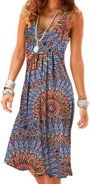 Camisunny Women Casual Loose Tank Dresses Sleeveless Beach Vacation Dress Swing Pleated U Neck Fashion Soft
