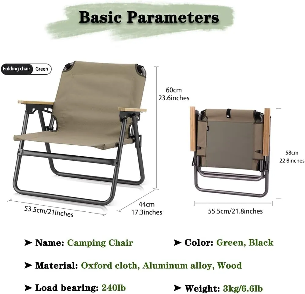 Camping Chair Camping Chair Lightweight Aluminum Alloy Outdoor Folding Chair, Compact Beach Lounge Chair, Ergonomic Fishing Chair with Wooden Armrests, with Hand Strap