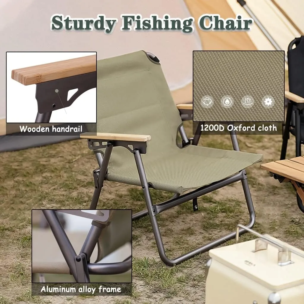 Camping Chair Camping Chair Lightweight Aluminum Alloy Outdoor Folding Chair, Compact Beach Lounge Chair, Ergonomic Fishing Chair with Wooden Armrests, with Hand Strap