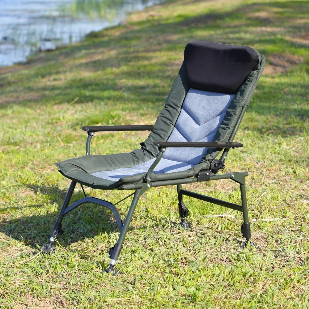 Camping Lounge Chair, Portable Folding Reclining Camping Chair with Adjustable backrest for Indoor and Outdoor Camping Beach Hiking Fishing (Black Grey   Green   Oxford Fabric)