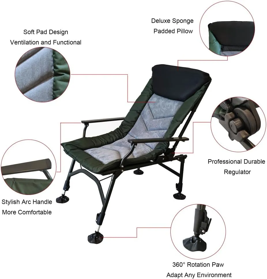 Camping Lounge Chair, Portable Folding Reclining Camping Chair with Adjustable backrest for Indoor and Outdoor Camping Beach Hiking Fishing (Black Grey   Green   Oxford Fabric)