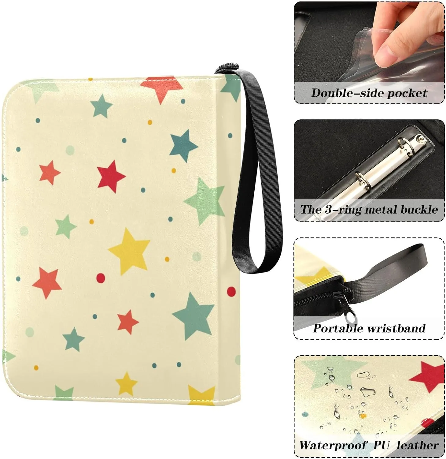 Card Binder 4 Pocket Trading Card Binder Holds 400 Cards with 50 Removable Sleeves for Boys Girls Game Cards Sports Cards Colorful Star and Dot Yellow