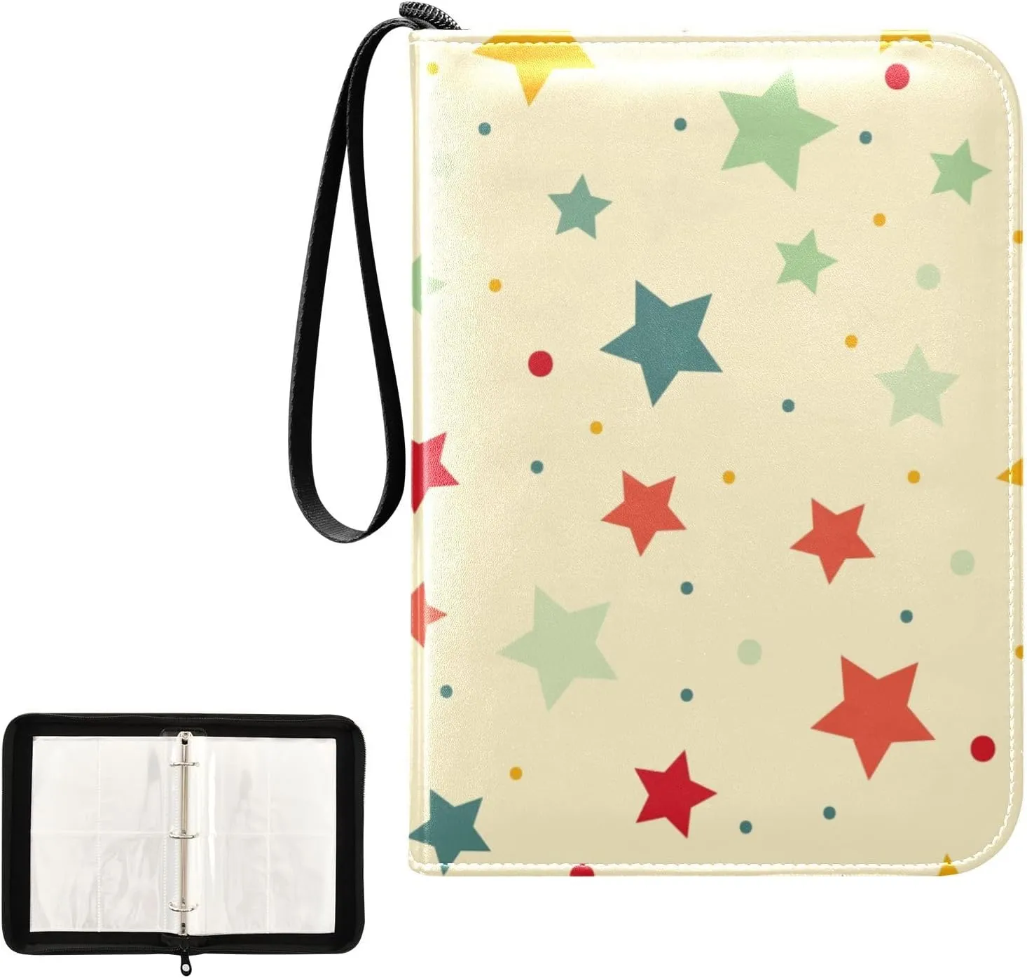 Card Binder 4 Pocket Trading Card Binder Holds 400 Cards with 50 Removable Sleeves for Boys Girls Game Cards Sports Cards Colorful Star and Dot Yellow