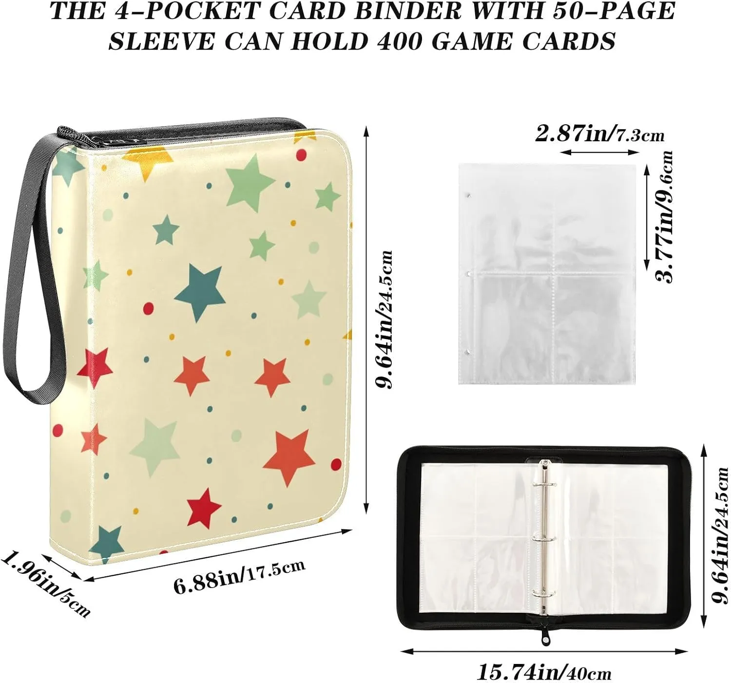 Card Binder 4 Pocket Trading Card Binder Holds 400 Cards with 50 Removable Sleeves for Boys Girls Game Cards Sports Cards Colorful Star and Dot Yellow