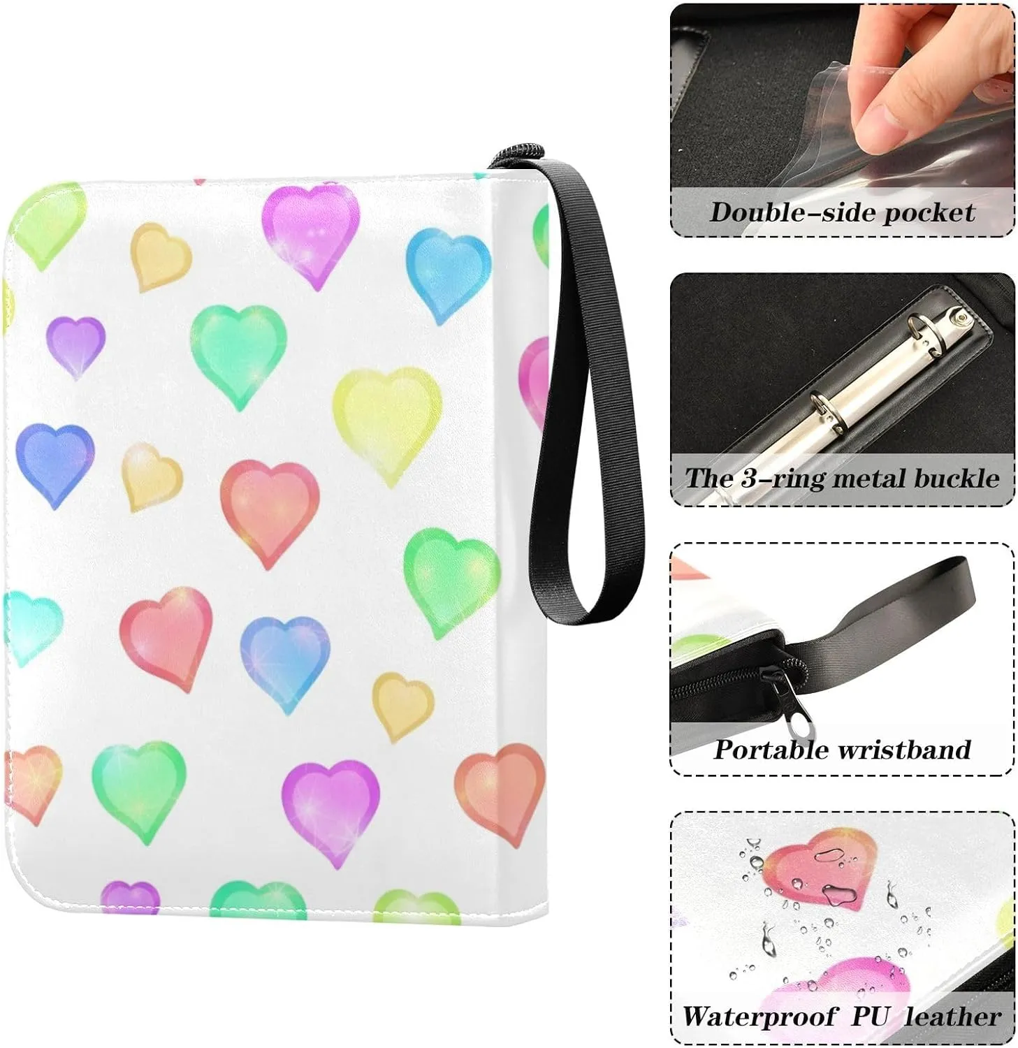Card Binder 4 Pocket Trading Card Binder Holds 400 Cards with 50 Removable Sleeves for Boys Girls Game Cards Sports Cards Colorful Valentine's Day Love Hearts