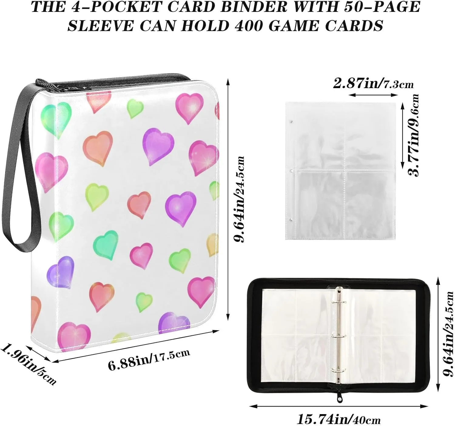 Card Binder 4 Pocket Trading Card Binder Holds 400 Cards with 50 Removable Sleeves for Boys Girls Game Cards Sports Cards Colorful Valentine's Day Love Hearts
