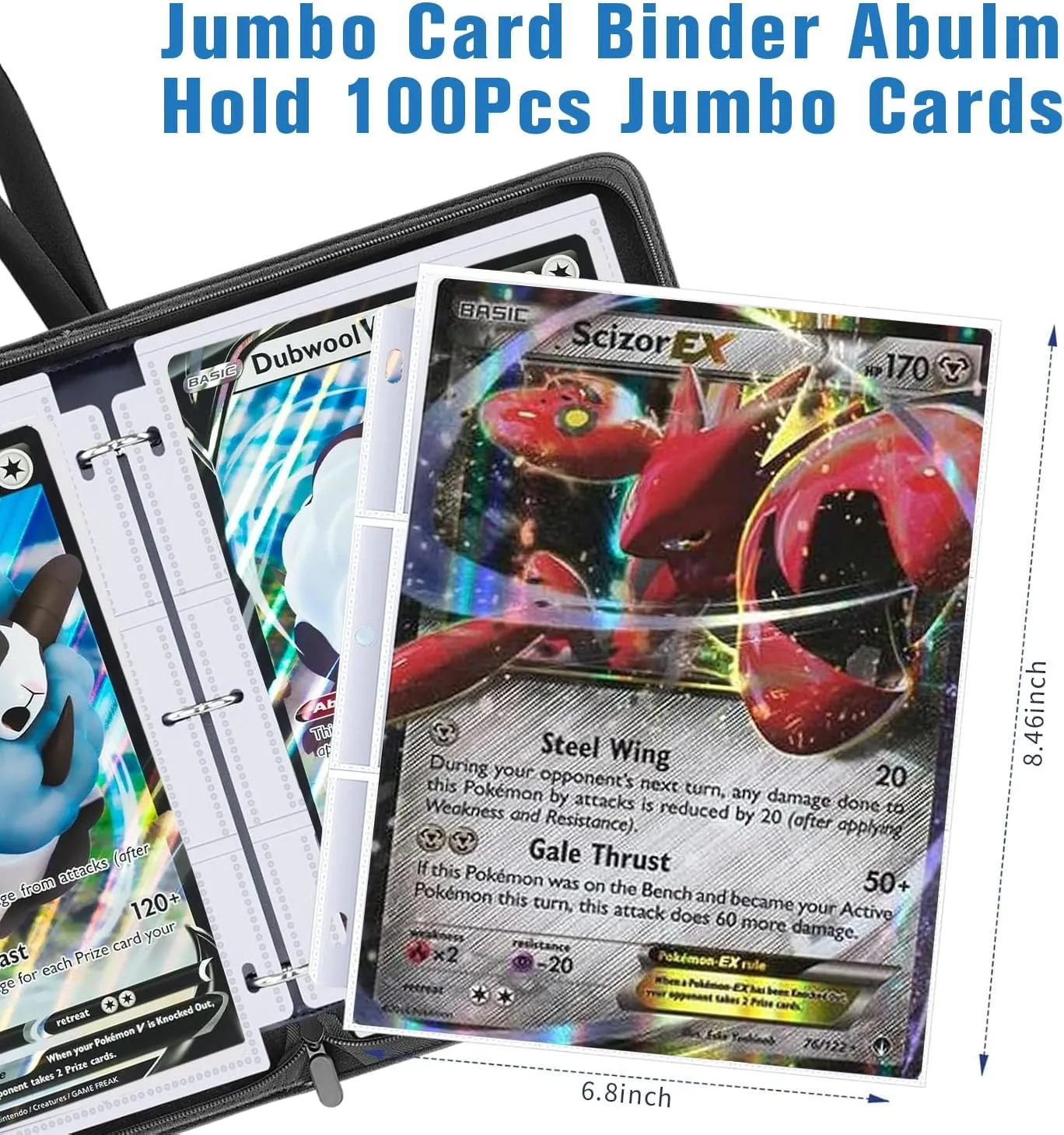Card Binder for Jumbo Cards, PU Leather Card Binder with 50Pcs Sleeves, Double Sided Pocket PU Card Collector Album, Card Collector Folder Hold 100Pcs Oversize Big Cards 5.9"x8.1 (Black)
