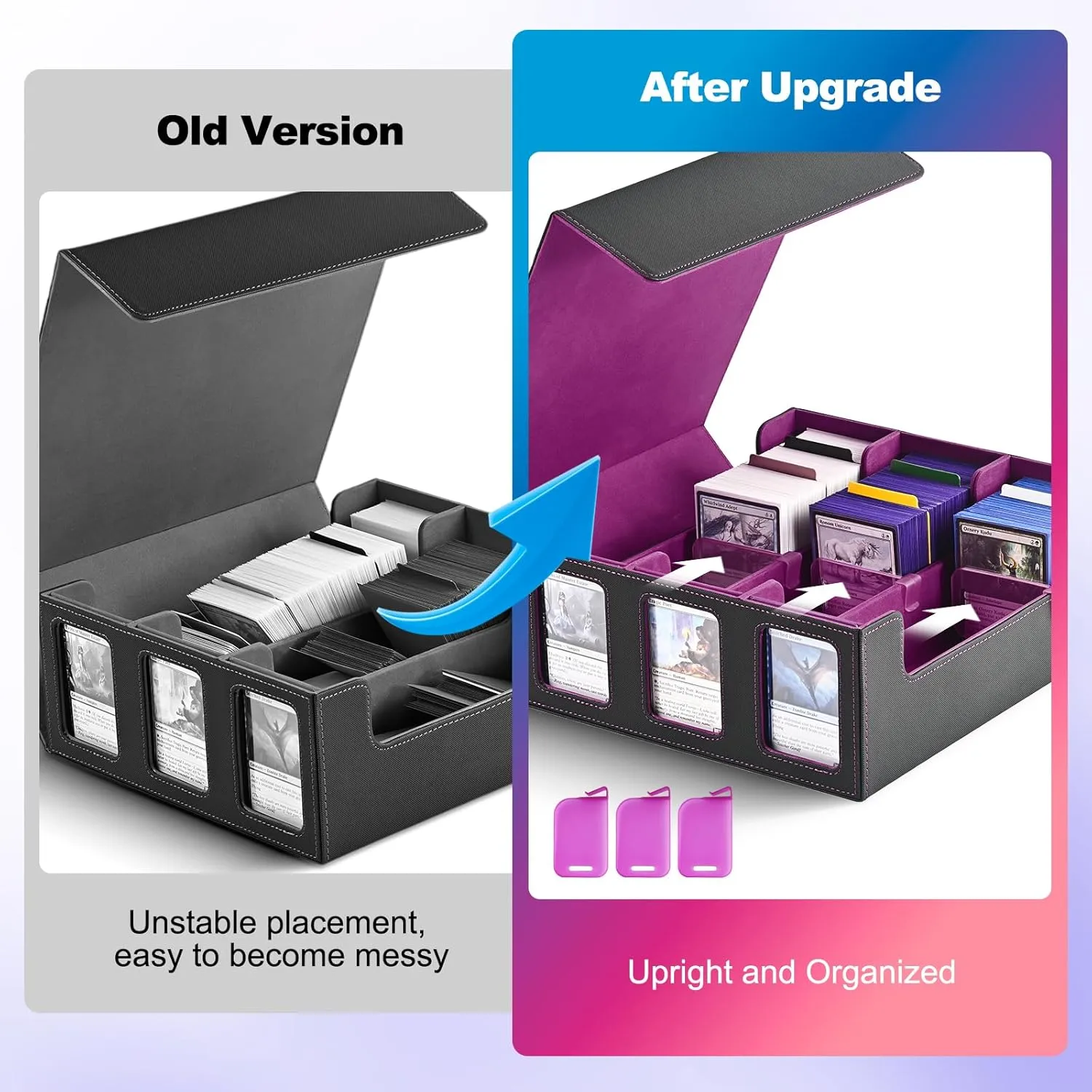 Card Storage Box for Trading Cards, 1800  Commander Deck Box for MTG with Display Window, Toploader Card Case fits Magic TCG PTCG Sports Cards; 10 Removable Divider, 3 Stoppers (Black, Purple)