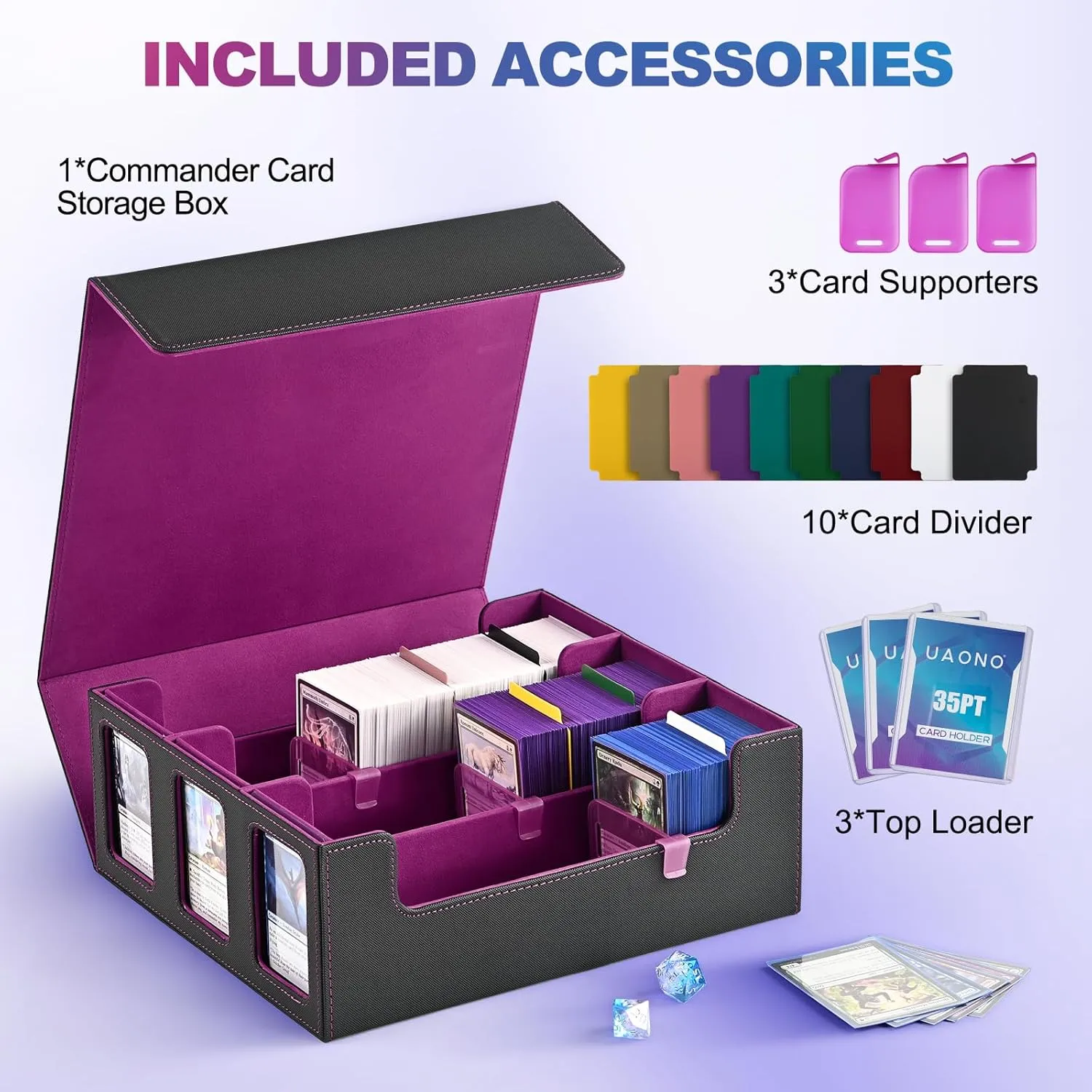 Card Storage Box for Trading Cards, 1800  Commander Deck Box for MTG with Display Window, Toploader Card Case fits Magic TCG PTCG Sports Cards; 10 Removable Divider, 3 Stoppers (Black, Purple)