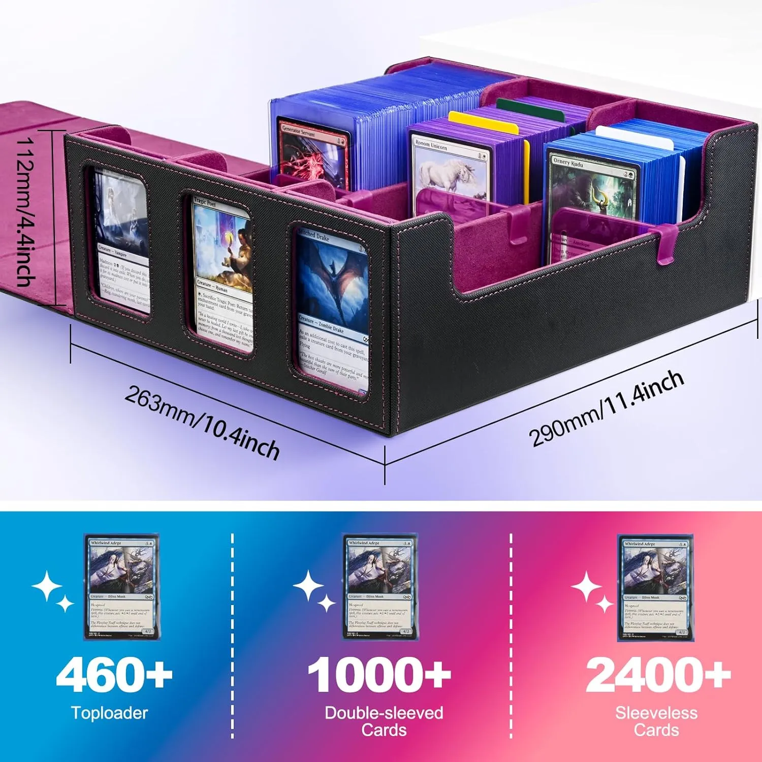 Card Storage Box for Trading Cards, 1800  Commander Deck Box for MTG with Display Window, Toploader Card Case fits Magic TCG PTCG Sports Cards; 10 Removable Divider, 3 Stoppers (Black, Purple)