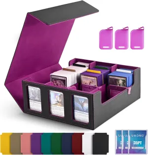 Card Storage Box for Trading Cards, 1800  Commander Deck Box for MTG with Display Window, Toploader Card Case fits Magic TCG PTCG Sports Cards; 10 Removable Divider, 3 Stoppers (Black, Purple)