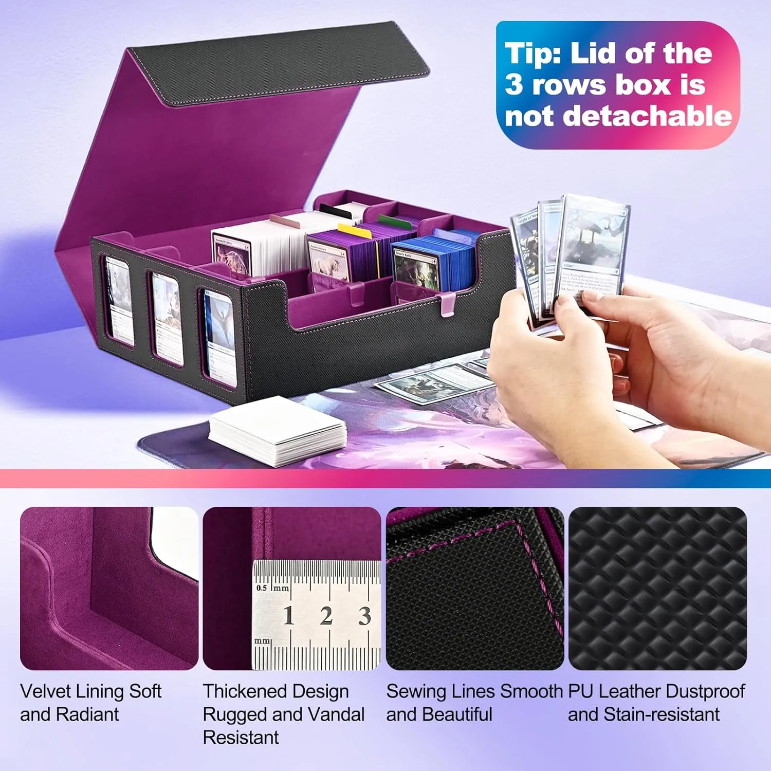 Card Storage Box for Trading Cards, 1800  Commander Deck Box for MTG with Display Window, Toploader Card Case fits Magic TCG PTCG Sports Cards; 10 Removable Divider, 3 Stoppers (Black, Purple)