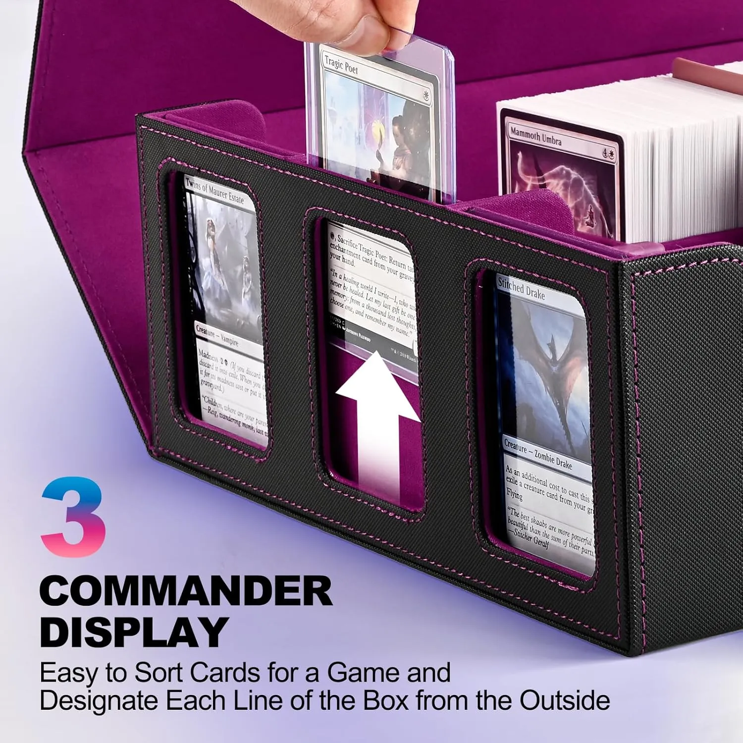 Card Storage Box for Trading Cards, 1800  Commander Deck Box for MTG with Display Window, Toploader Card Case fits Magic TCG PTCG Sports Cards; 10 Removable Divider, 3 Stoppers (Black, Purple)