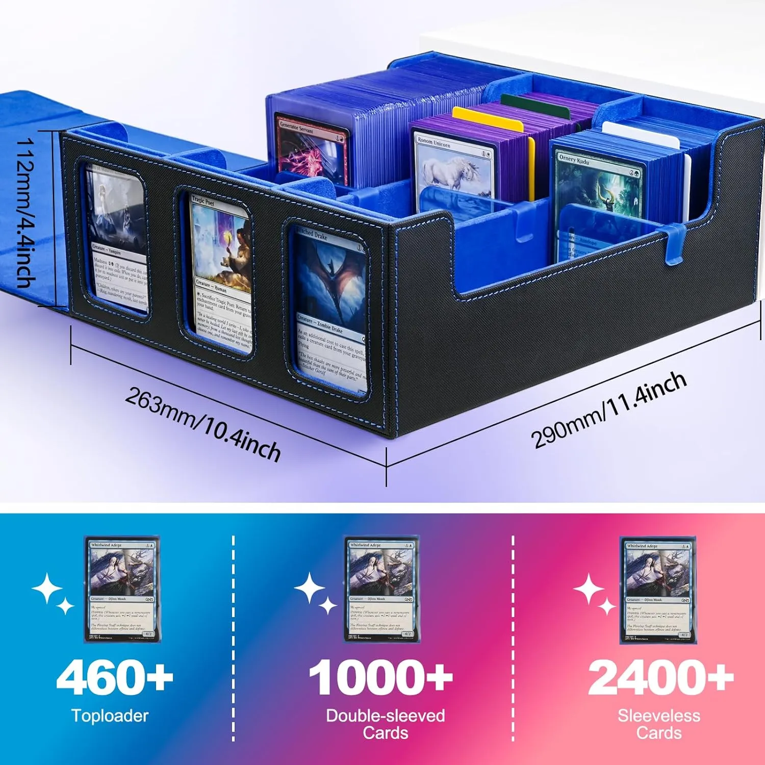 Card Storage Box for Trading Cards, 1800  Commander Deck Box for MTG with Display Window, Toploader Card Case fits TCG PTCG Sports Cards; 10 Removable Divider Tabs, 3 Stoppers (Black, Blue)