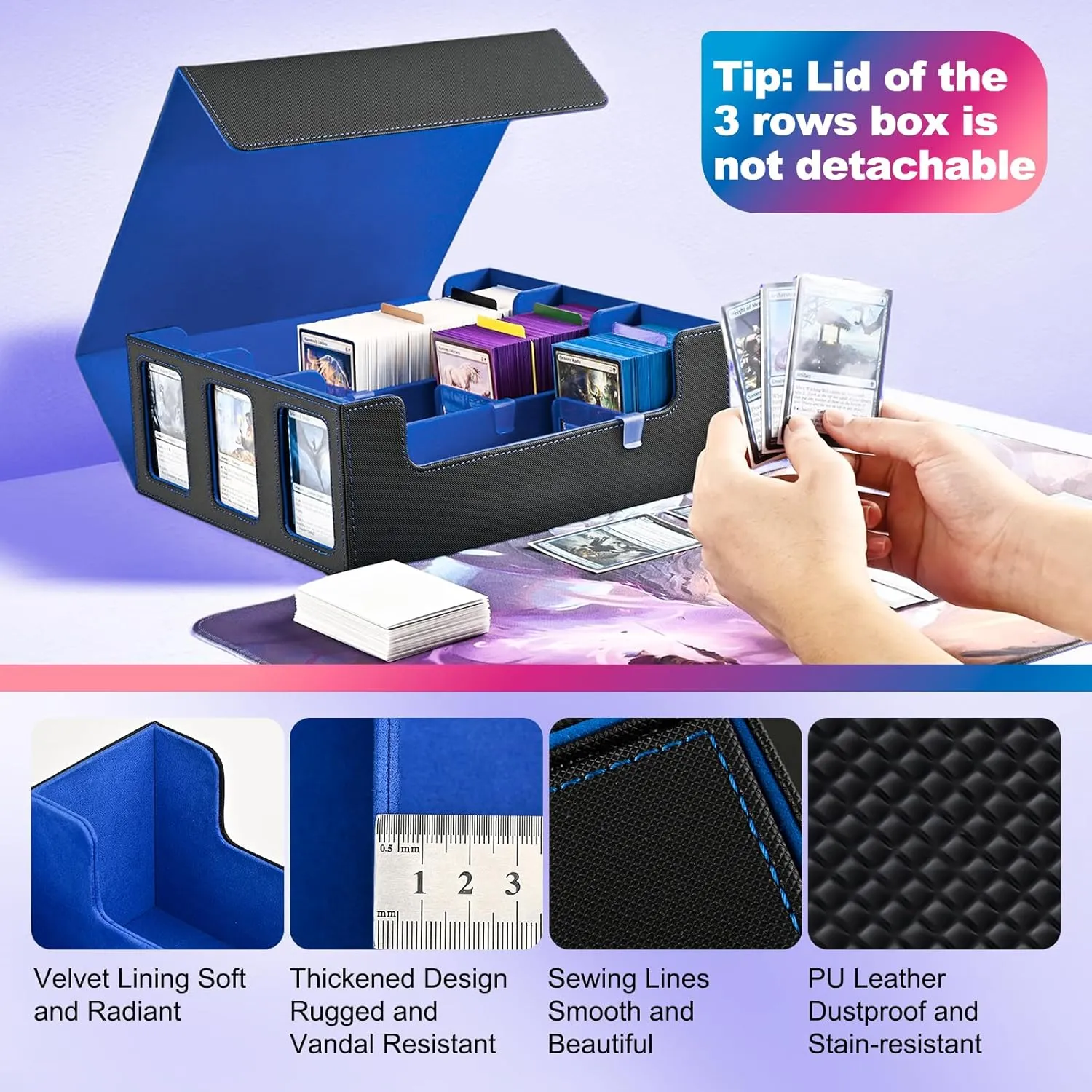 Card Storage Box for Trading Cards, 1800  Commander Deck Box for MTG with Display Window, Toploader Card Case fits TCG PTCG Sports Cards; 10 Removable Divider Tabs, 3 Stoppers (Black, Blue)