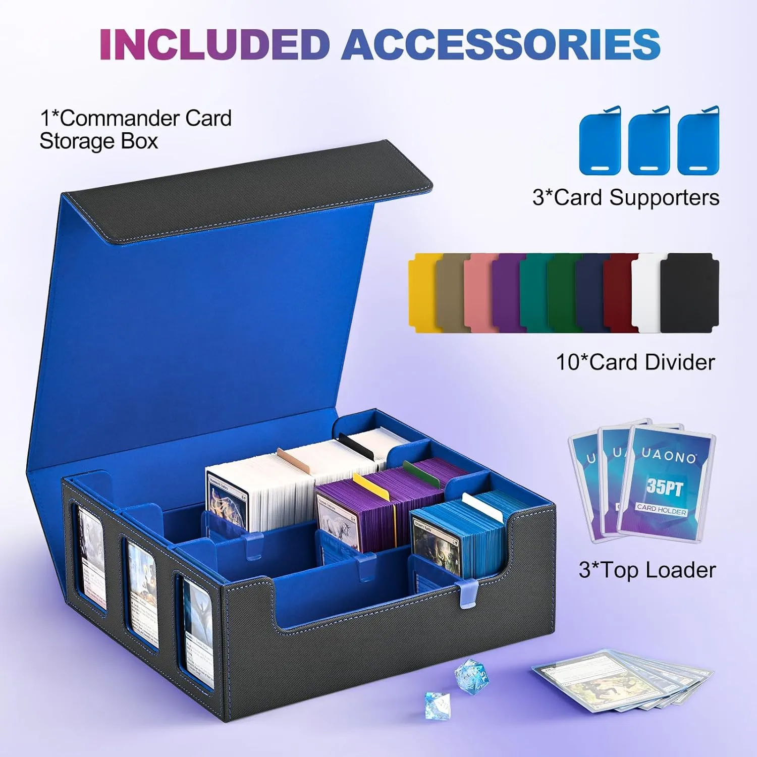 Card Storage Box for Trading Cards, 1800  Commander Deck Box for MTG with Display Window, Toploader Card Case fits TCG PTCG Sports Cards; 10 Removable Divider Tabs, 3 Stoppers (Black, Blue)