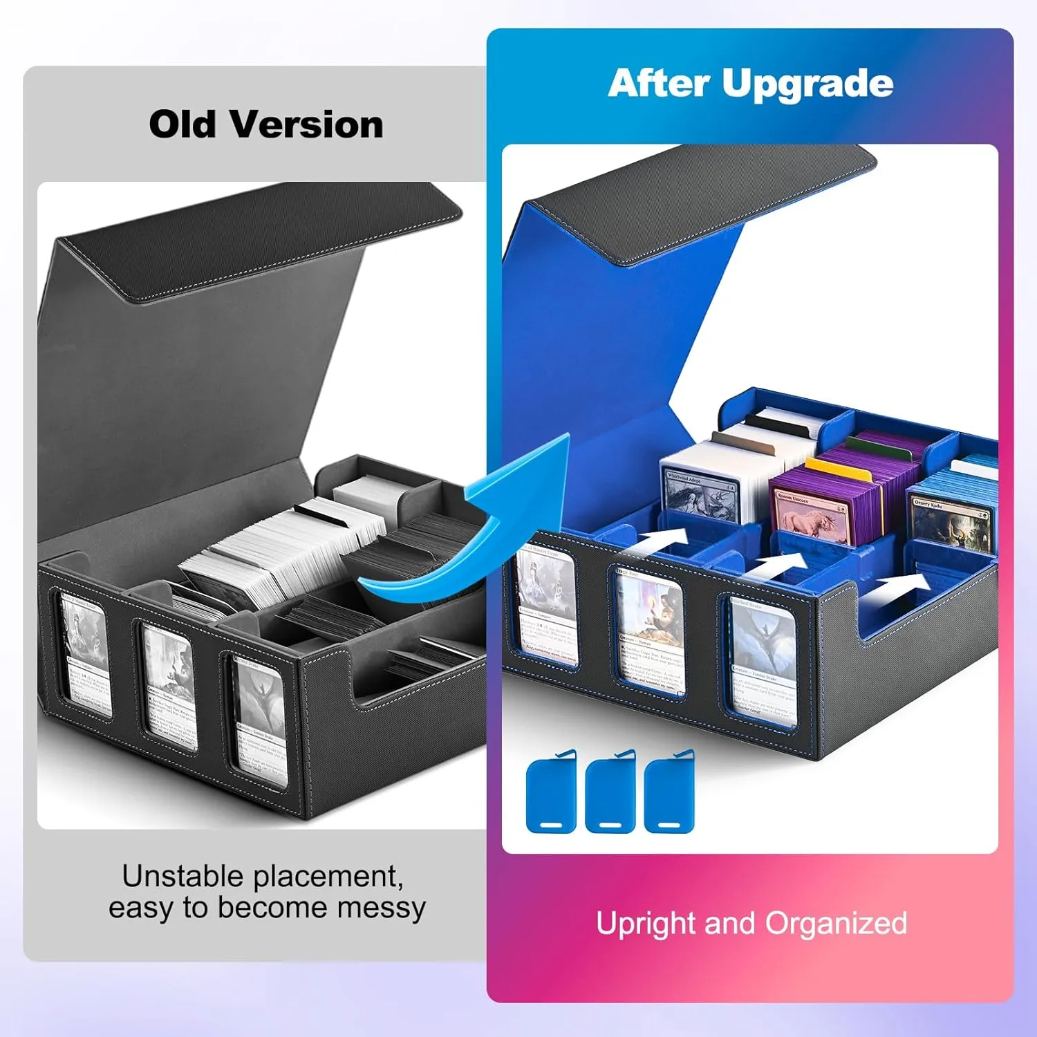 Card Storage Box for Trading Cards, 1800  Commander Deck Box for MTG with Display Window, Toploader Card Case fits TCG PTCG Sports Cards; 10 Removable Divider Tabs, 3 Stoppers (Black, Blue)