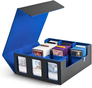 Card Storage Box for Trading Cards, 1800  Commander Deck Box for MTG with Display Window, Toploader Card Case fits TCG PTCG Sports Cards; 10 Removable Divider Tabs, 3 Stoppers (Black, Blue)