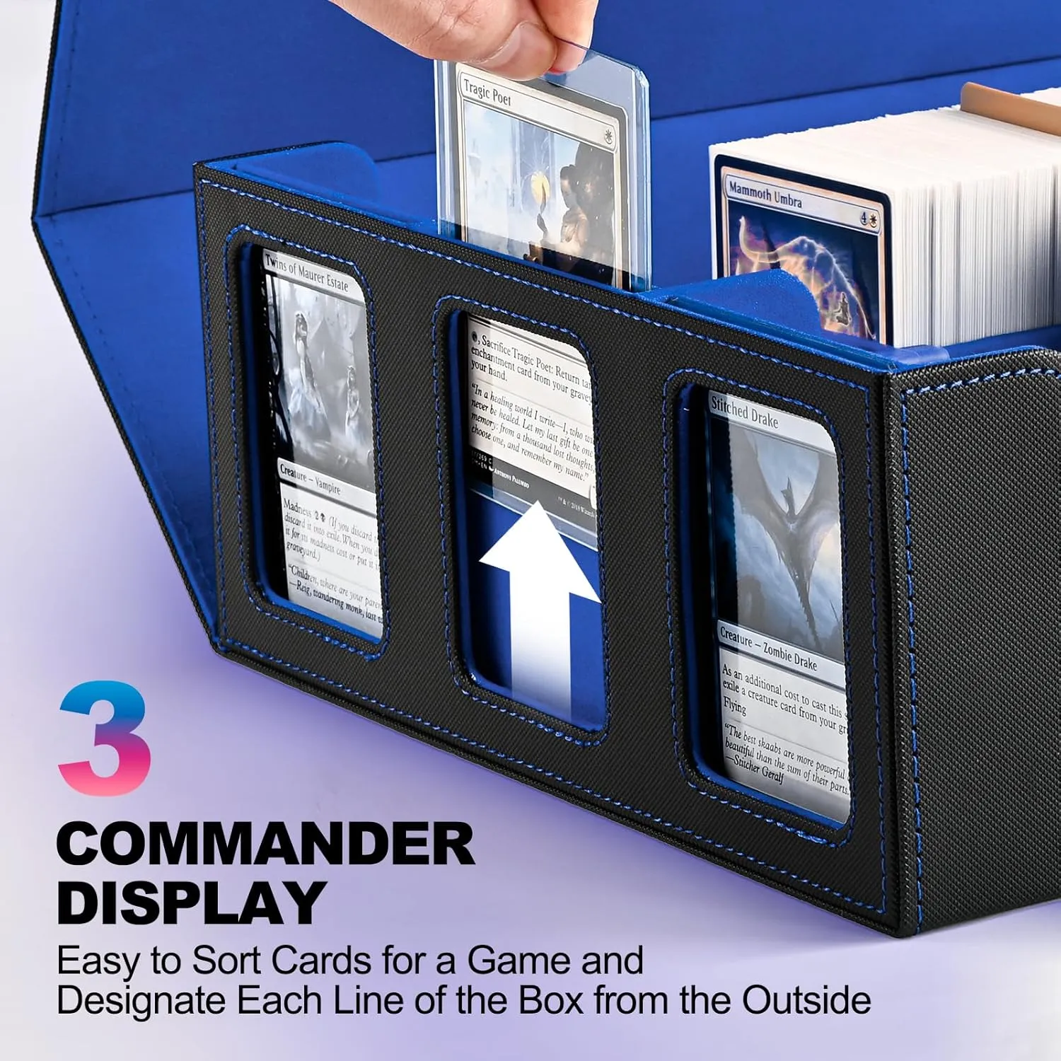 Card Storage Box for Trading Cards, 1800  Commander Deck Box for MTG with Display Window, Toploader Card Case fits TCG PTCG Sports Cards; 10 Removable Divider Tabs, 3 Stoppers (Black, Blue)