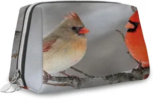 Cardinal Birds,Large Capacity Travel Leather Cosmetic Bag,Pair of Northern Cardinal Birds,Multifunctional Storage Makeup Bag for Women,Red,S