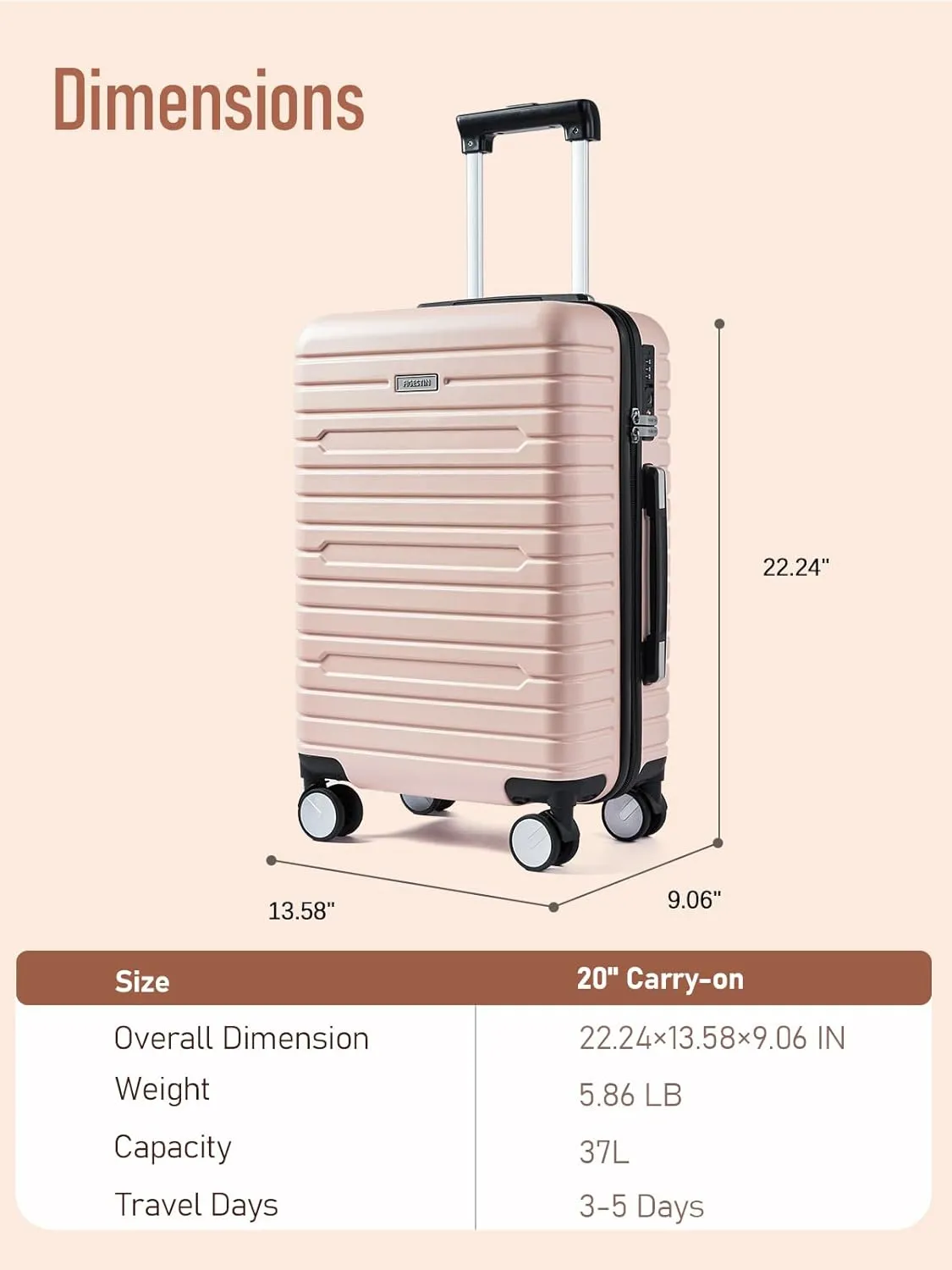 Carry on Luggage 22x14x9 Airline Approved with Spinner Wheels, Hardside Lightweight 20" Carry on Suitcase Airline Approved TSA Lock (Pink with Black)