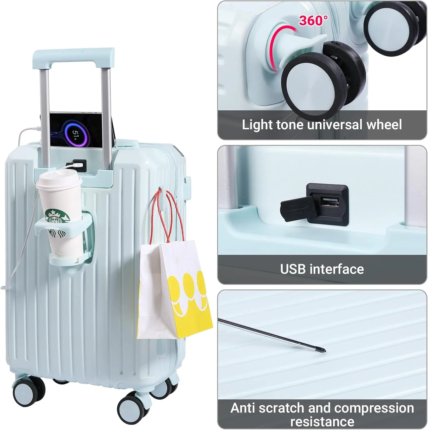 Carry-on Luggage with Cup Holder & USB Charging Port, Hard Side Luggage with Spinner Wheels, Lightweight Luggage for Travel, Business (Blue, Carry-On 20-Inch)