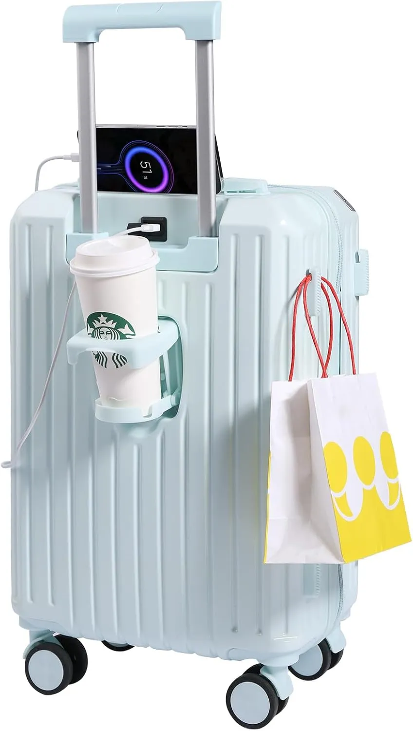 Carry-on Luggage with Cup Holder & USB Charging Port, Hard Side Luggage with Spinner Wheels, Lightweight Luggage for Travel, Business (Blue, Carry-On 20-Inch)