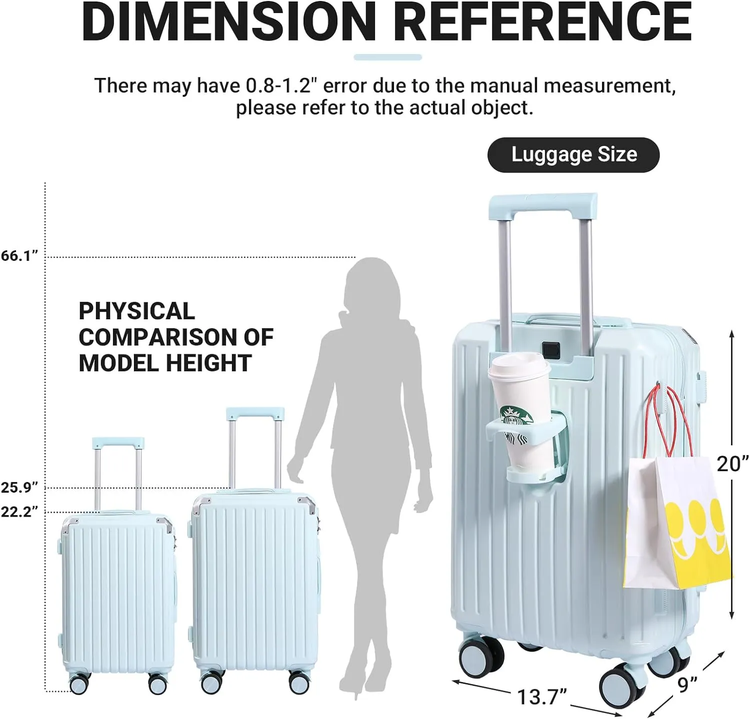 Carry-on Luggage with Cup Holder & USB Charging Port, Hard Side Luggage with Spinner Wheels, Lightweight Luggage for Travel, Business (Blue, Carry-On 20-Inch)