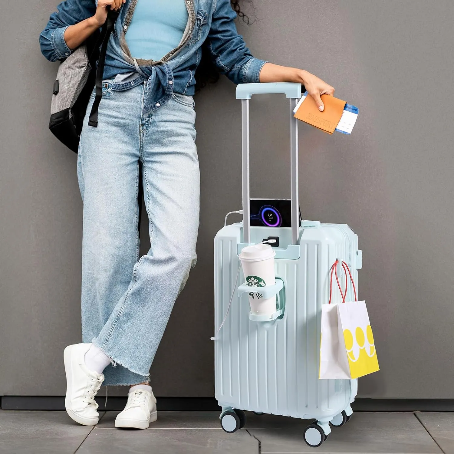 Carry-on Luggage with Cup Holder & USB Charging Port, Hard Side Luggage with Spinner Wheels, Lightweight Luggage for Travel, Business (Blue, Carry-On 20-Inch)
