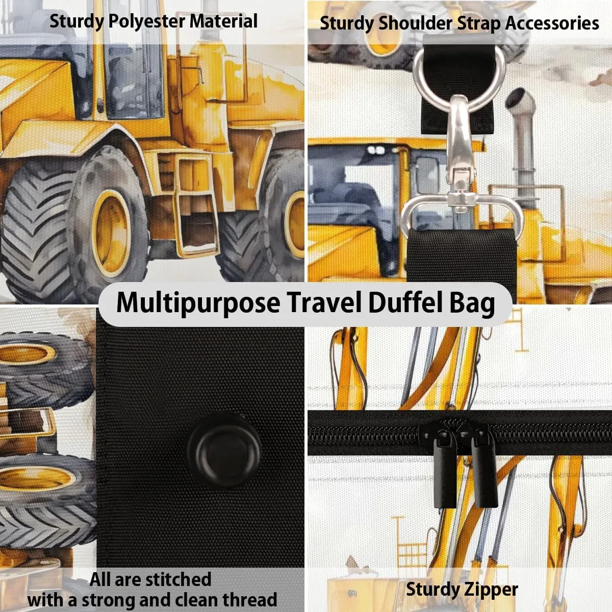 Cartoon Excavator Truck Travel Duffel Bag for Women Men Waterproof Foldable Overnight Weekender Bag Large Capacity Sports Gym Bag