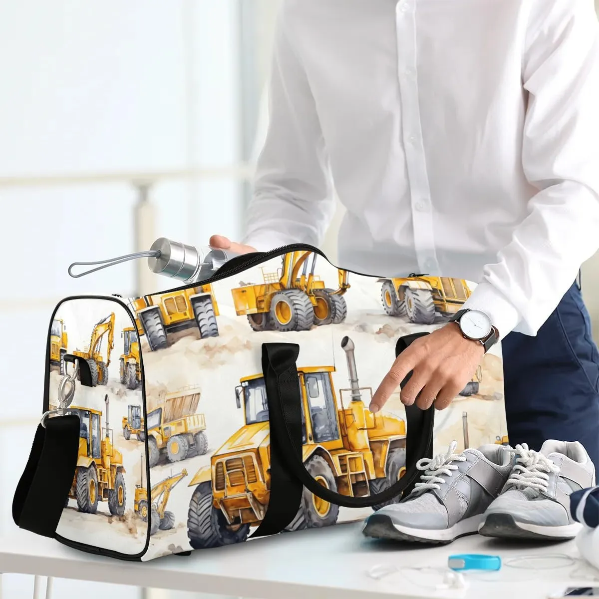 Cartoon Excavator Truck Travel Duffel Bag for Women Men Waterproof Foldable Overnight Weekender Bag Large Capacity Sports Gym Bag