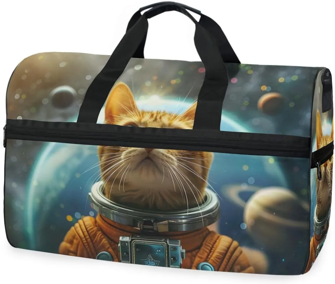 Cat Astronauts Travel Duffel Bag Luggage Sports Gym Bags With Shoes Compartment Large Capacity Lightweight Duffle Bag For Men Women