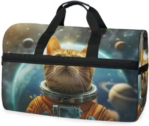 Cat Astronauts Travel Duffel Bag Luggage Sports Gym Bags With Shoes Compartment Large Capacity Lightweight Duffle Bag For Men Women