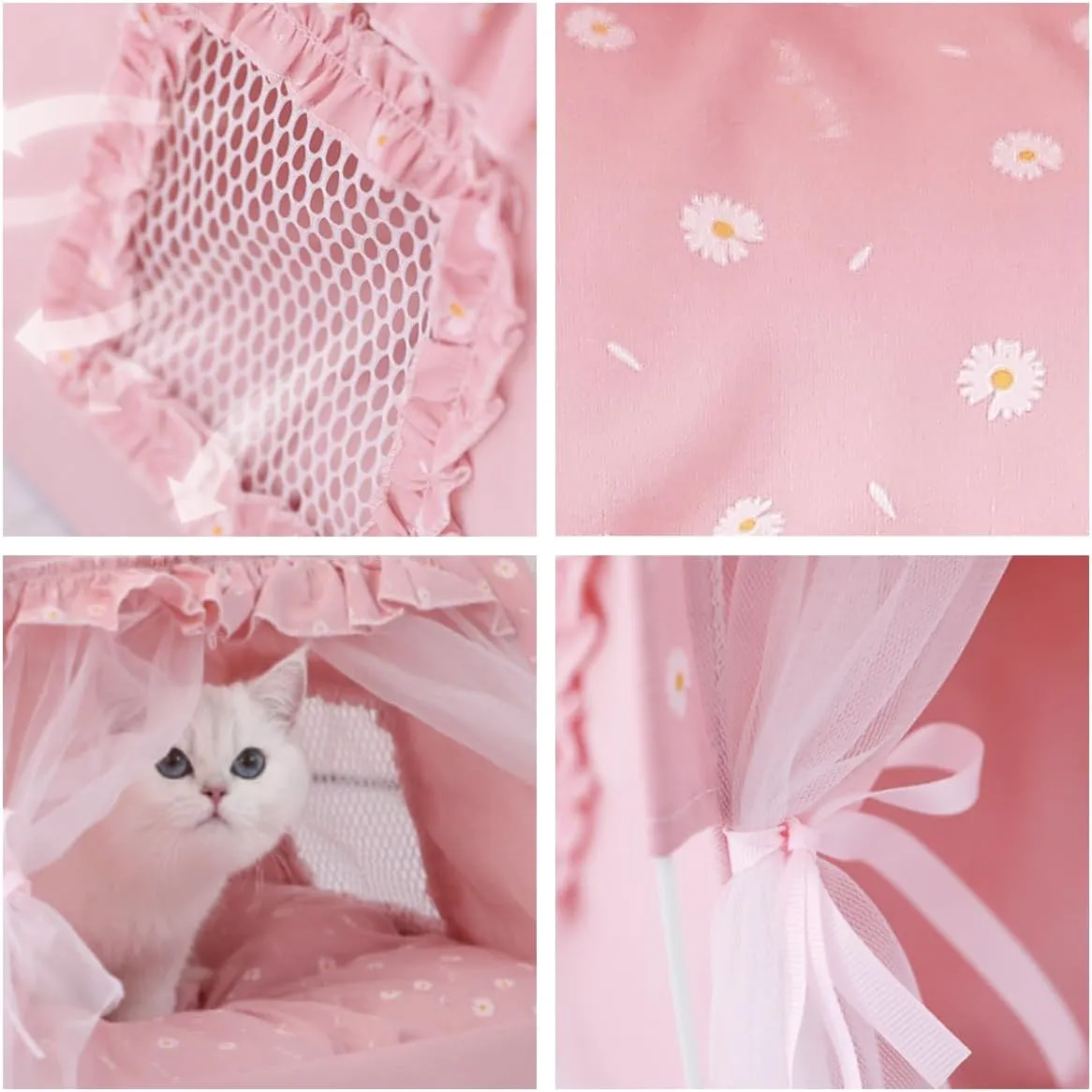Cat Bed Tents Dog House Indoor Outdoor Lace Mesh Breathable Windows Door Curtains Removable Portable Nest Teepe House (Small,Pink(Ruffled Teim))