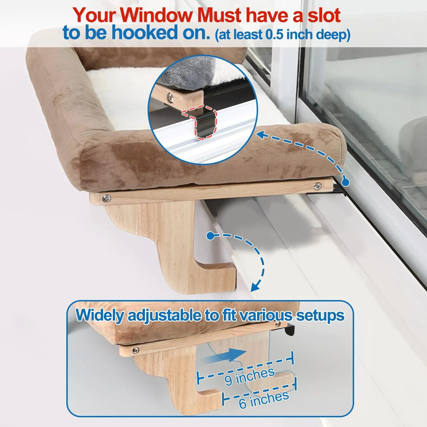 Cat Perch for Window Sill with Bolster - Orthopedic Hammock Design with Premium Hardwood & Robust Metal Frame - Cat Window Seat for Large Cats and Kittens - Natural Color Wood with Gray Bed