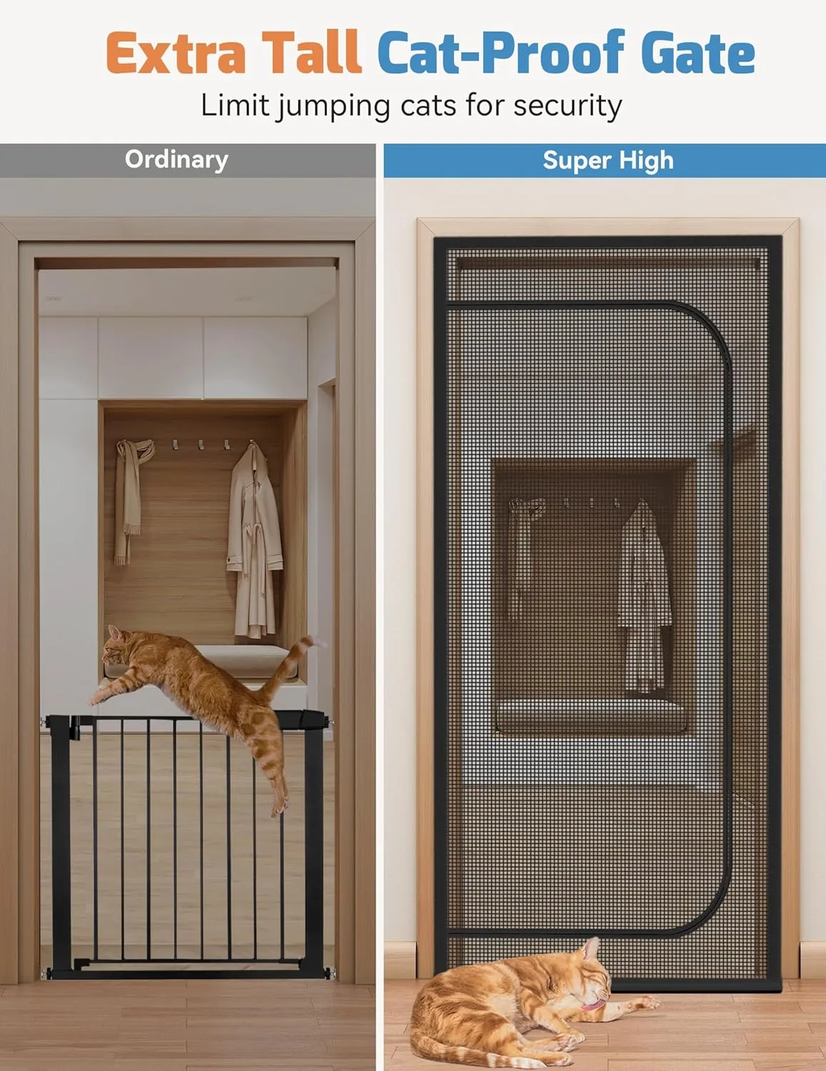 Cat Screen Door, Extra Tall Cat-Proof Mesh Gate, Fit Door Size 30'' x 80.5'', Anti Scratch Mesh with Zipper Closure, for Living Room, Kitchen, Bedroom (Black)