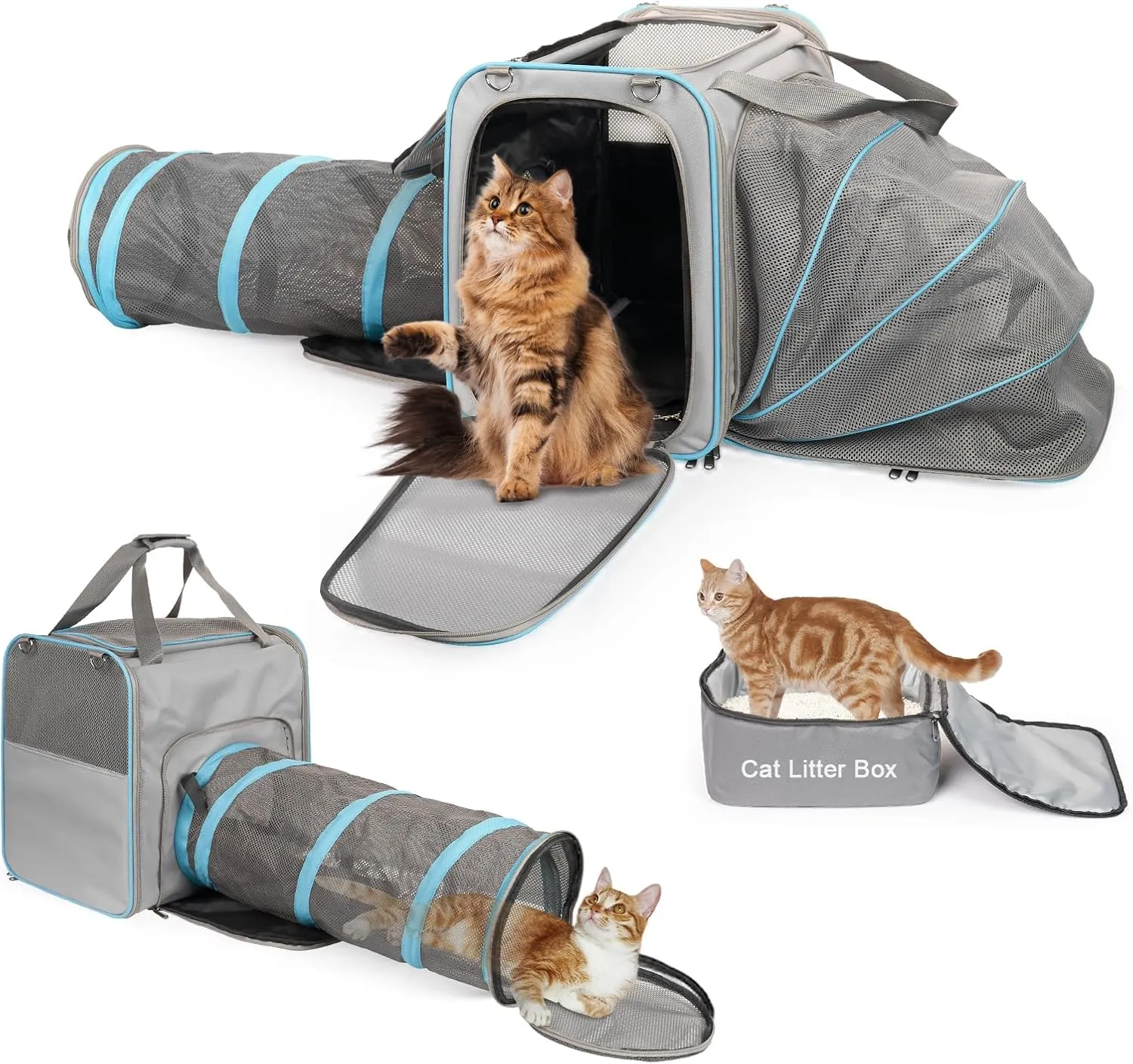 Cat Travel Carrier with Litter Box for Car, Expandable Pet Carrier with Collapsible Cat Tube, Cat Carrier for Car Travel Long Distance, Camping, up to 20 lb to Road Trip, Grey
