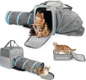 Cat Travel Carrier with Litter Box for Car, Expandable Pet Carrier with Collapsible Cat Tube, Cat Carrier for Car Travel Long Distance, Camping, up to 20 lb to Road Trip, Grey
