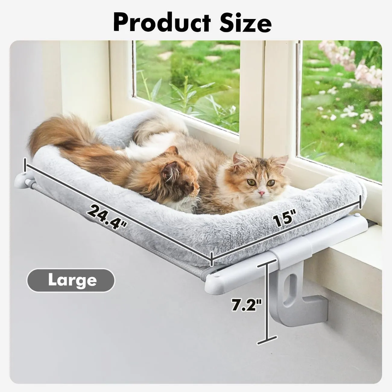 Cat Window Sill Perch with Large Bolster, Easy to Adjust & Assemble Cat Window Seat for Windowsill & Bedside, Pet Hammock Bed for Large Cats and Kittens (Grey, L)