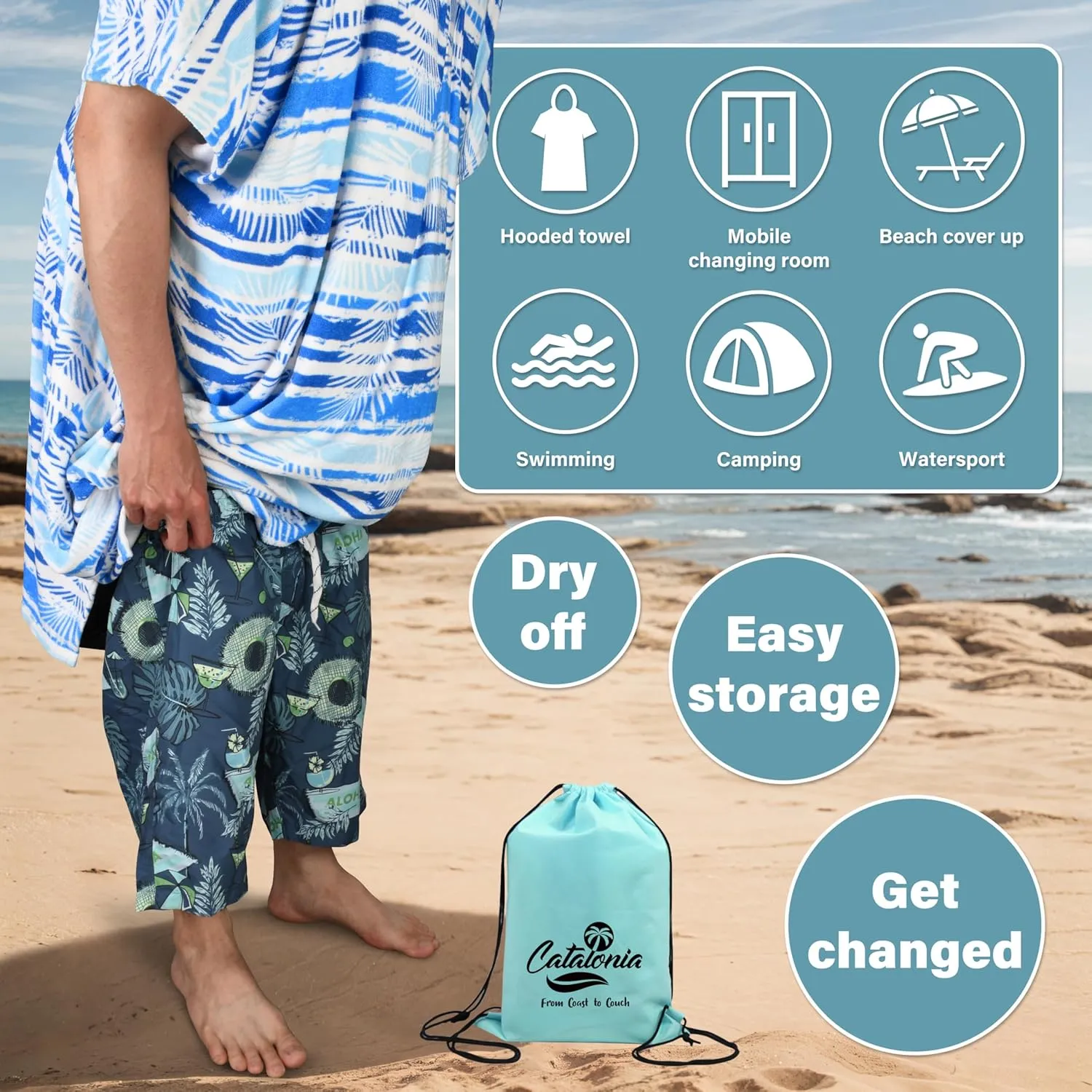 Catalonia Absorbent Surf Poncho Men Women, Quick Dry Towel Changing Poncho, Hooded Towel Poncho Adult, Changing Robe for Beach Surfing Swimming