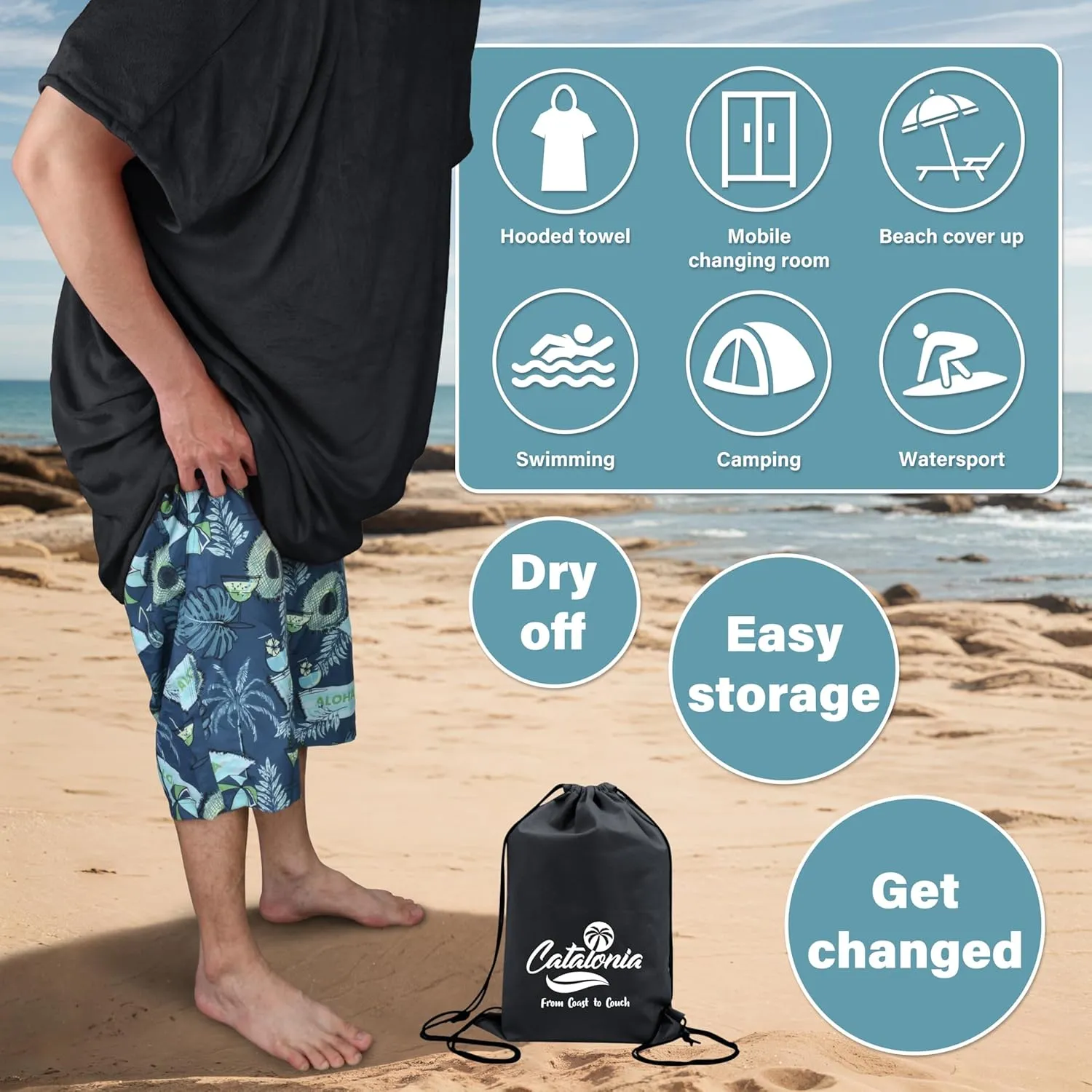 Catalonia Absorbent Surf Poncho Men Women, Quick Dry Towel Changing Poncho, Hooded Towel Poncho Adult, Changing Robe for Beach Surfing Swimming