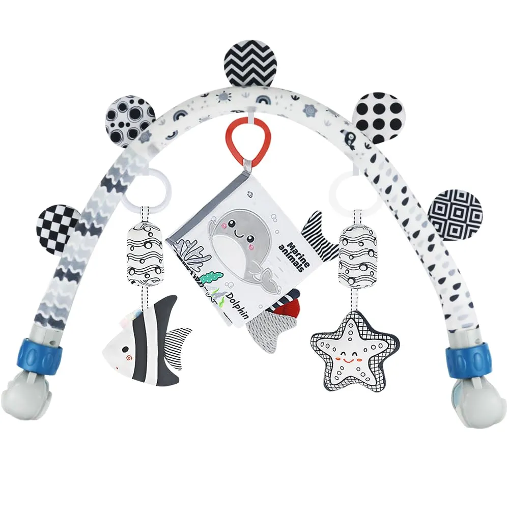 Caterbee Baby Activity Travel Mobile Arch Bassinet Toy, Black and White High-Contrast Crib Toys, with Rattle and Book, Strolle,Pram and Crib Attachment with Hanging Toys (Ocean)